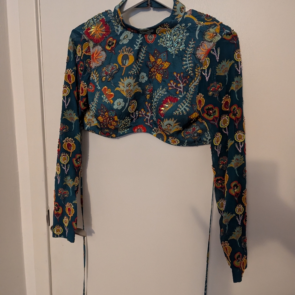 Teal Blue Jaal & Floral Pant Sari